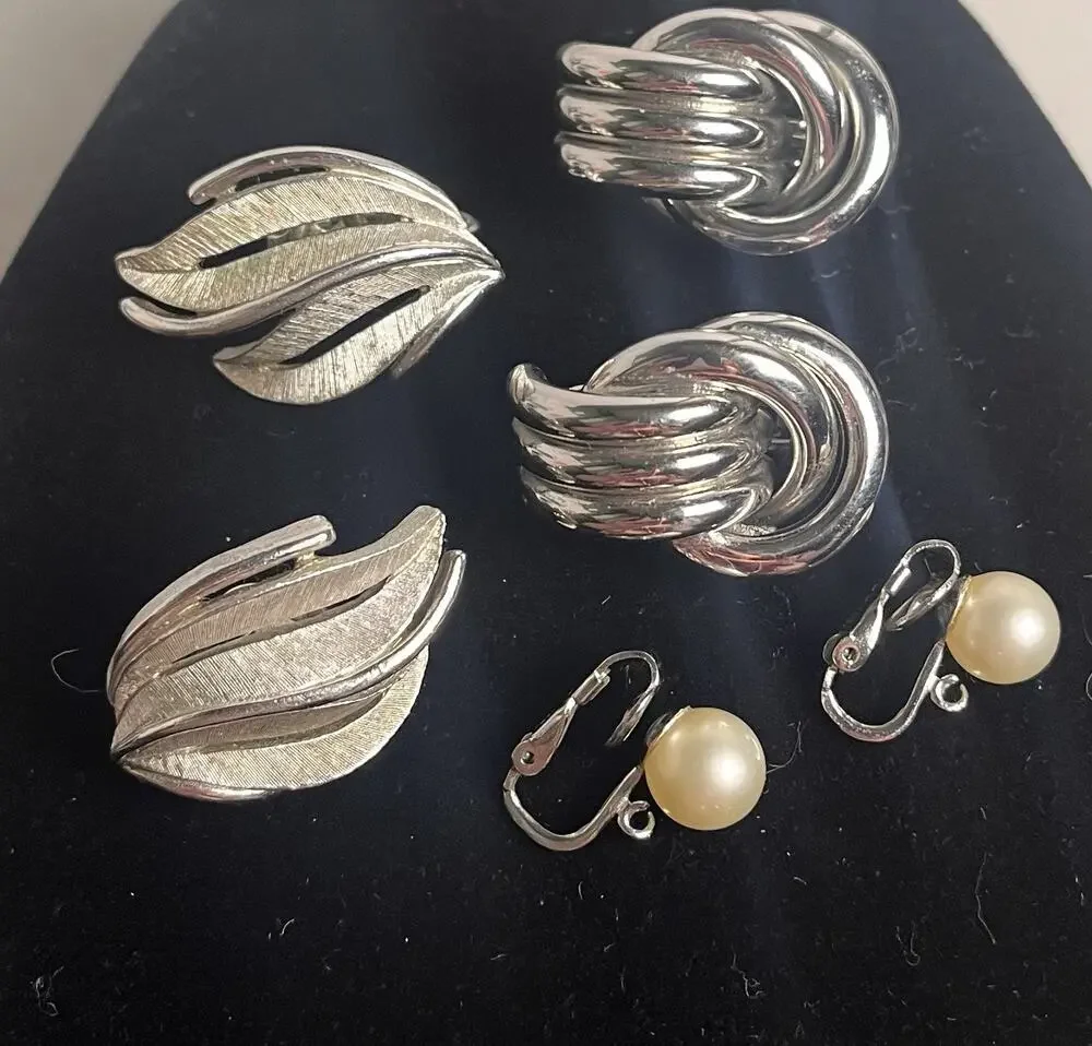 Trifari Clip On Earrings Lot Brushed Silver Tone Feather Faux Pearl Vintage
